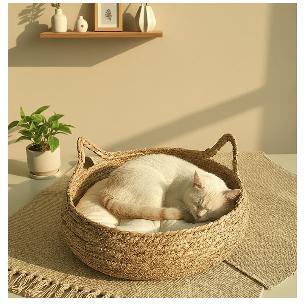 Panier pour chat tressé fait main – Osier naturel & coussin coton