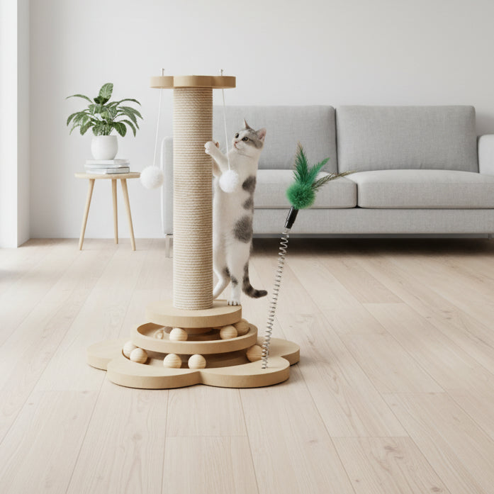 Griffoir pour Chat en Bois –Plateau Tournant Interactif