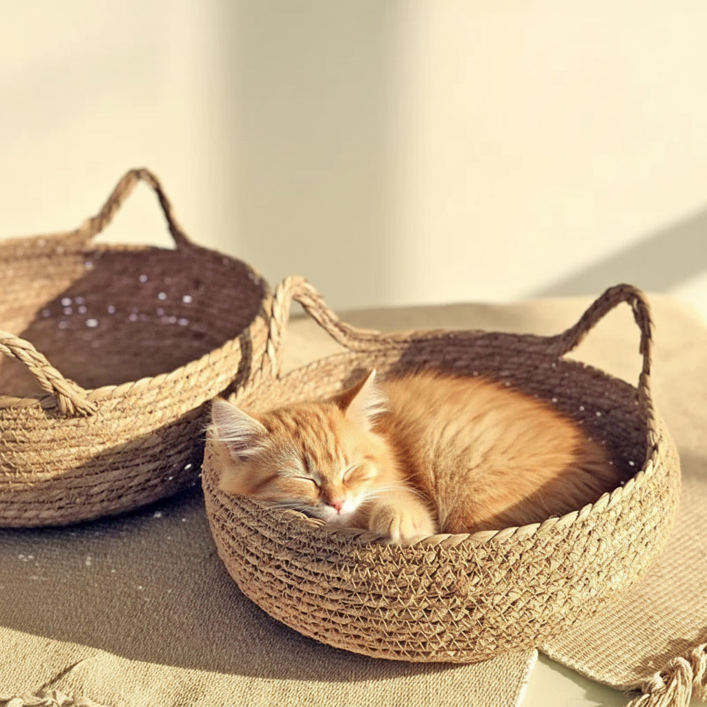Panier pour chat tressé fait main – Osier naturel & coussin coton