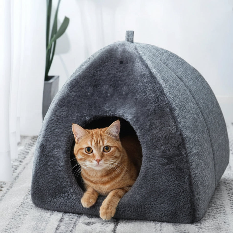 Maison pour chat triangulaire fermée en velours
