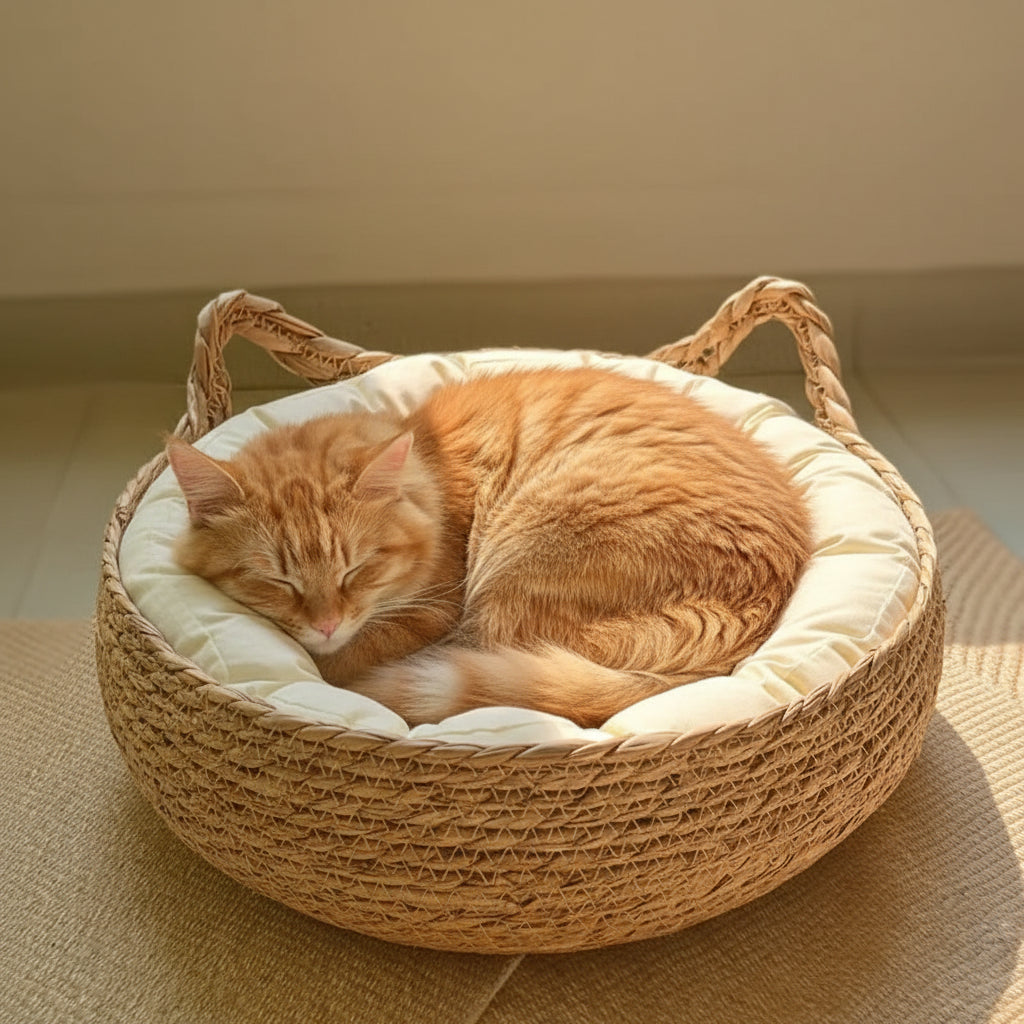Panier pour chat tressé fait main – Osier naturel & coussin coton