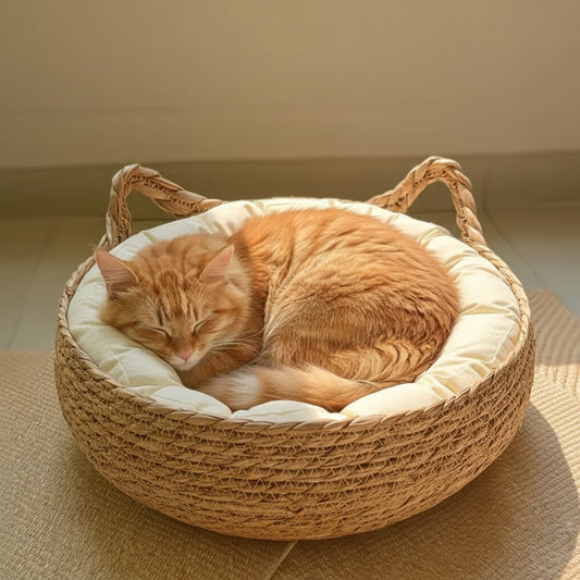 Panier pour chat tressé fait main – Osier naturel & coussin coton
