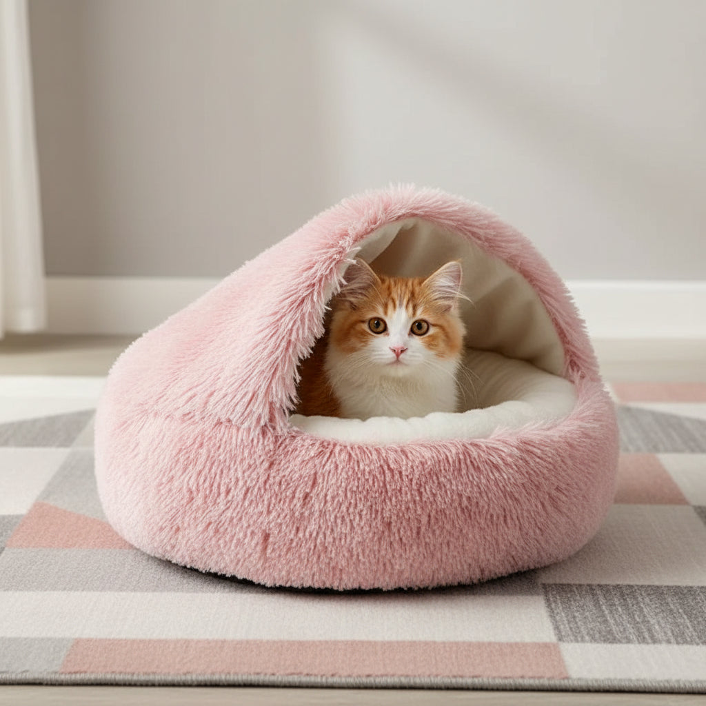Panier pour chat semi-fermé en peluche – Nid douillet chaud