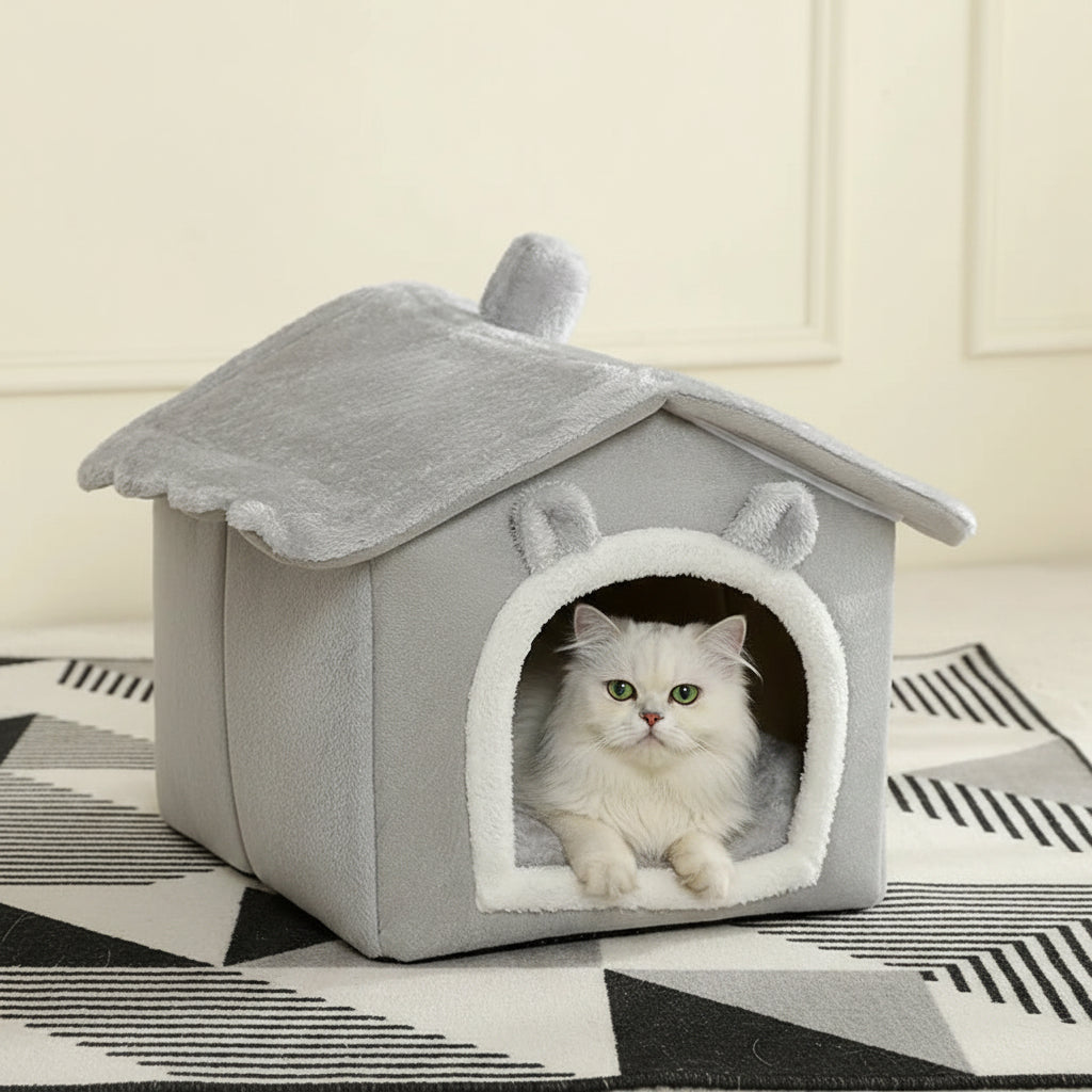Maison pour chat pliable & lavable en coton – Grotte cosy