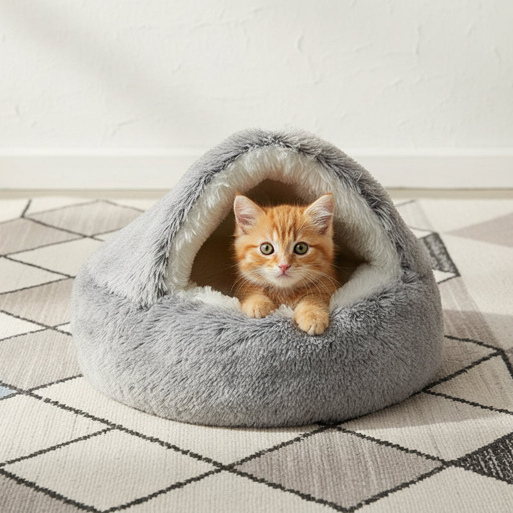 Panier pour chat semi-fermé en peluche – Nid douillet chaud