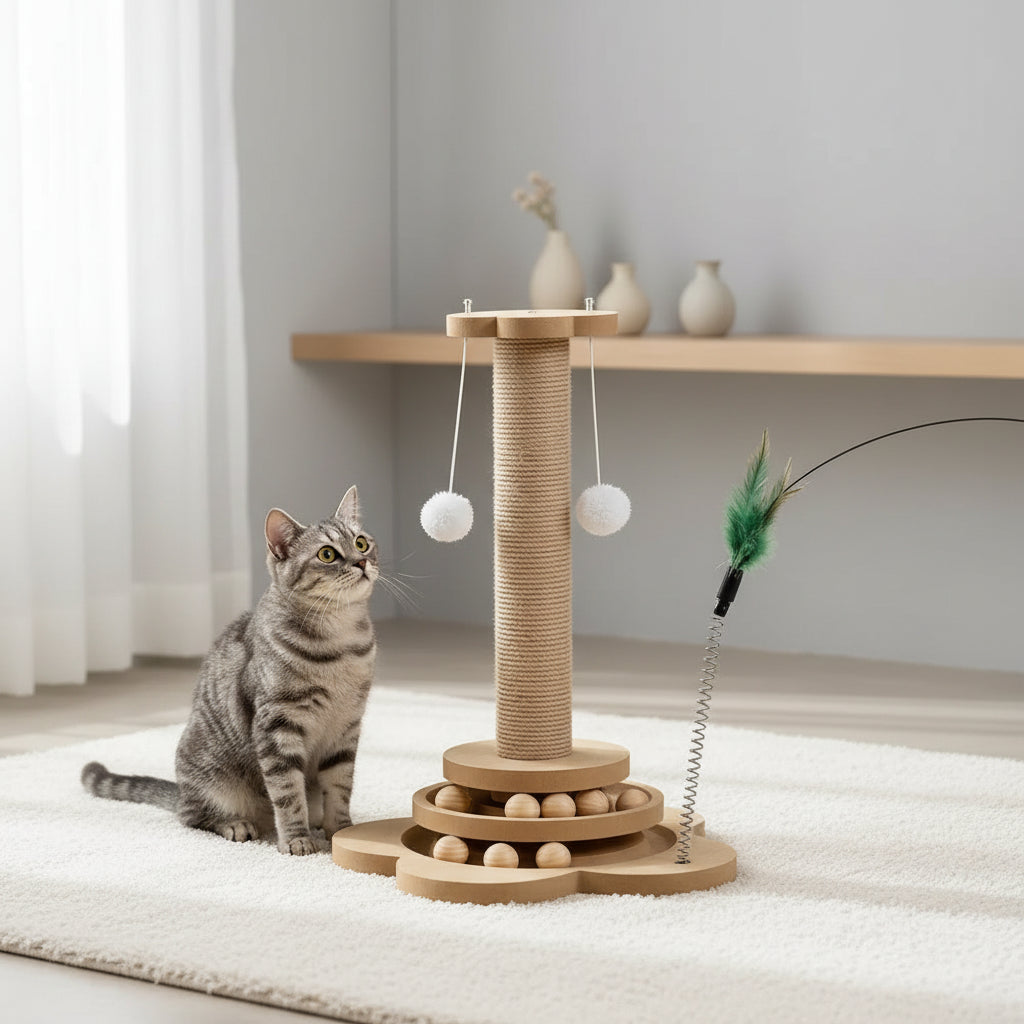 Griffoir pour Chat en Bois –Plateau Tournant Interactif