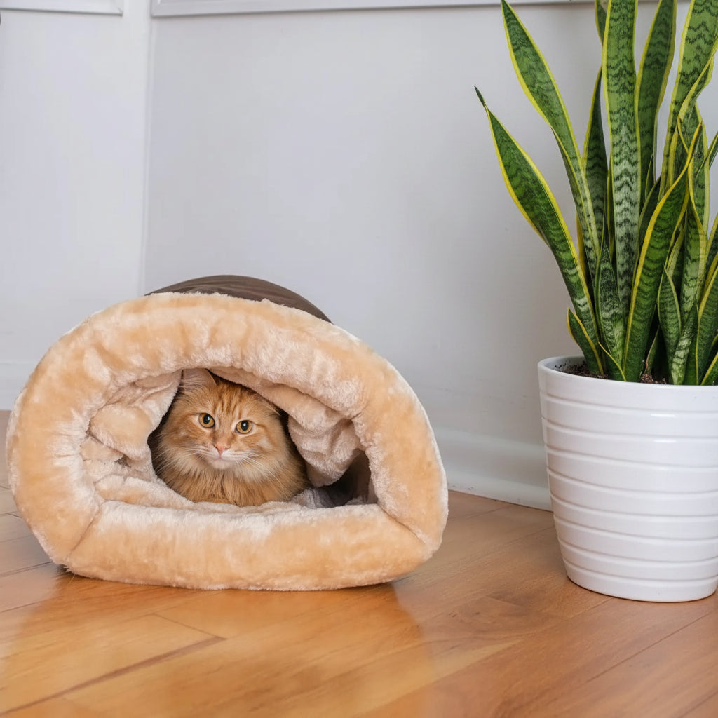 Sac de couchage pour chat semi-fermé – Coton chaud 65x48 cm, lavable, Gris ou Café