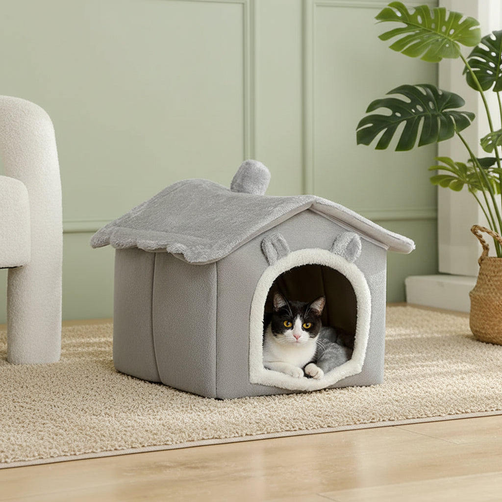 Maison pour chat pliable & lavable en coton – Grotte cosy