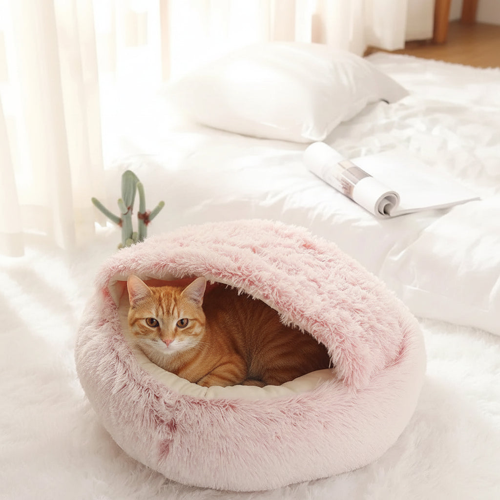 Panier pour chat semi-fermé en peluche – Nid douillet chaud