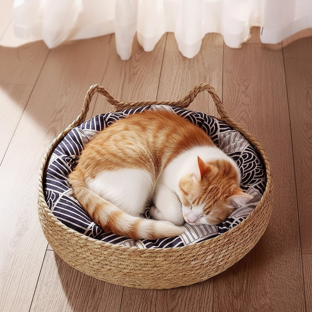 Panier pour chat tressé fait main – Osier naturel & coussin coton