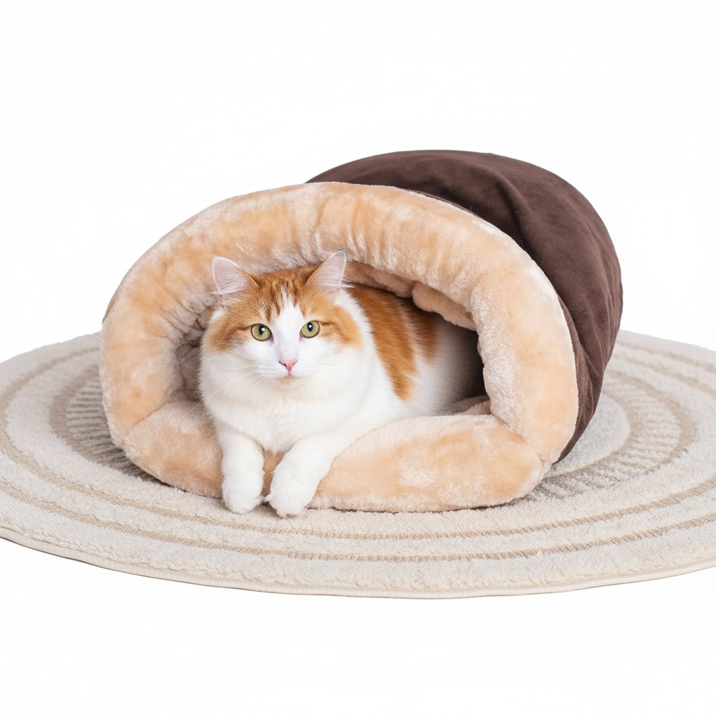 Sac de couchage pour chat semi-fermé – Coton chaud 65x48 cm, lavable, Gris ou Café