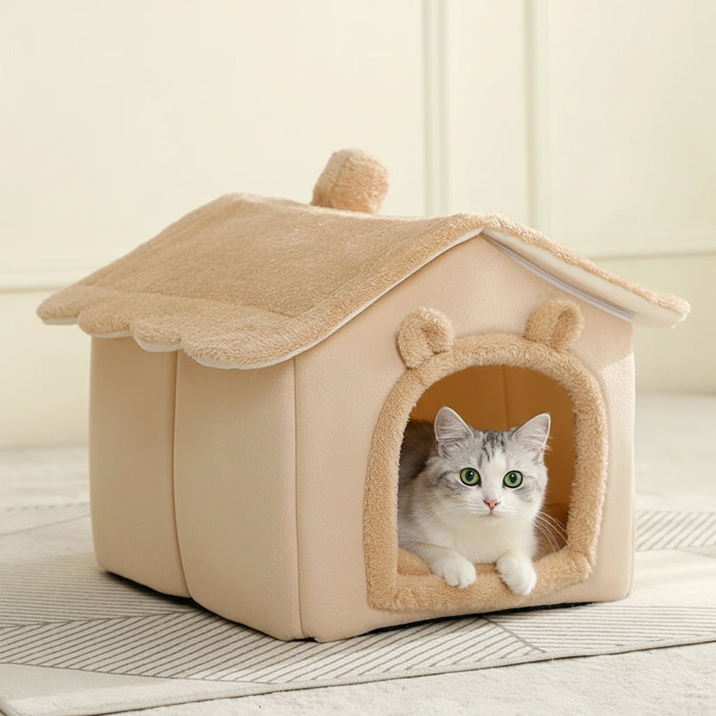 Maison pour chat pliable & lavable en coton – Grotte cosy