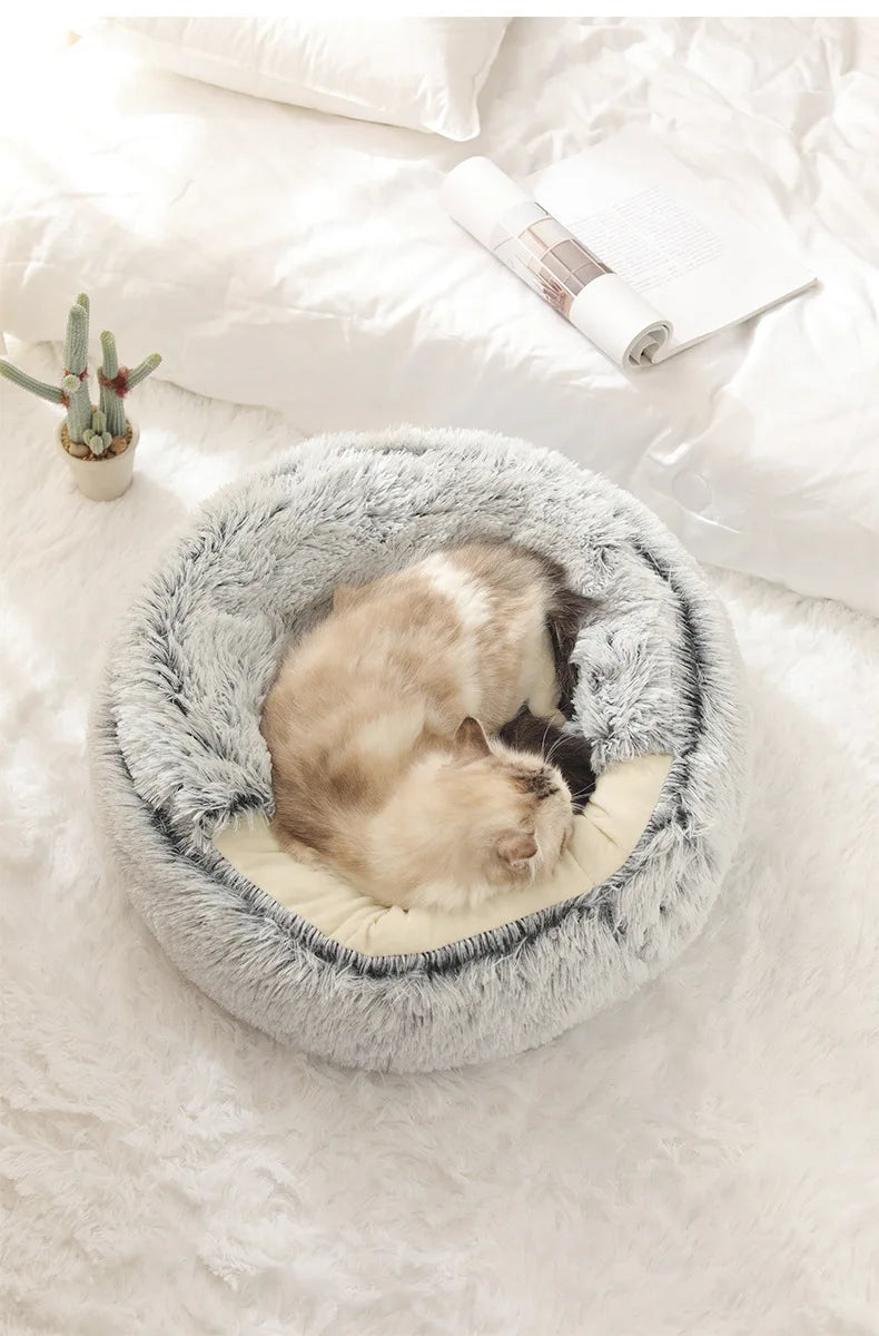Panier pour chat semi-fermé en peluche – Nid douillet chaud