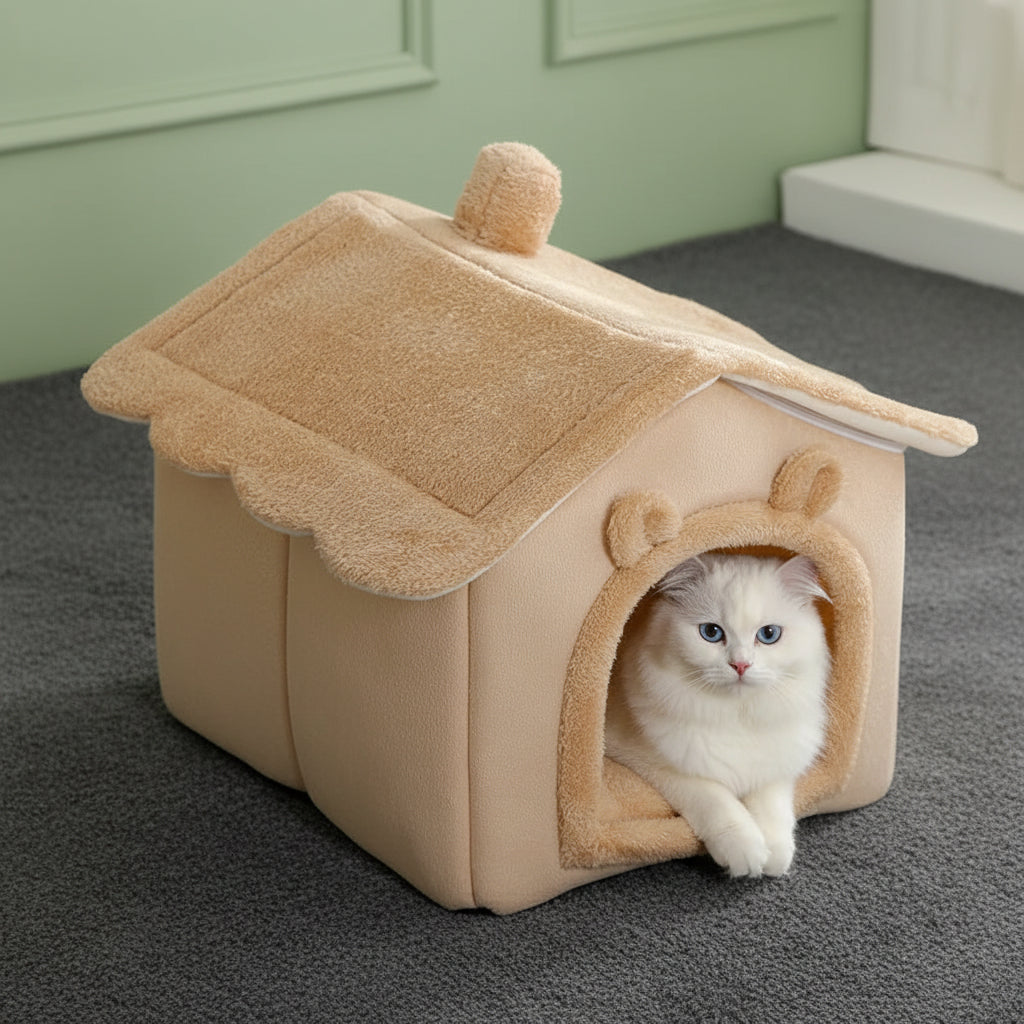 Maison pour chat pliable & lavable en coton – Grotte cosy