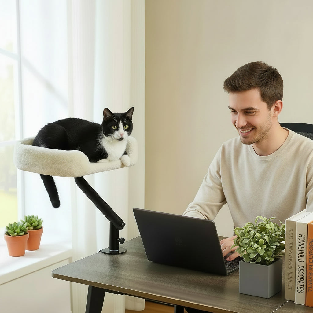 Lit de Bureau pour Chat Rotatif 360° – Panier Suspendu