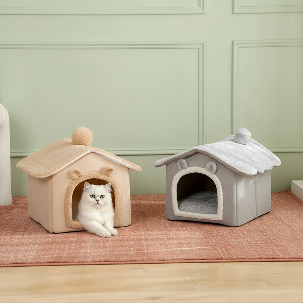 Maison pour chat pliable & lavable en coton – Grotte cosy