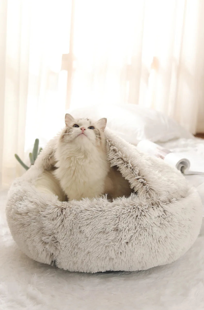 Panier pour chat semi-fermé en peluche – Nid douillet chaud